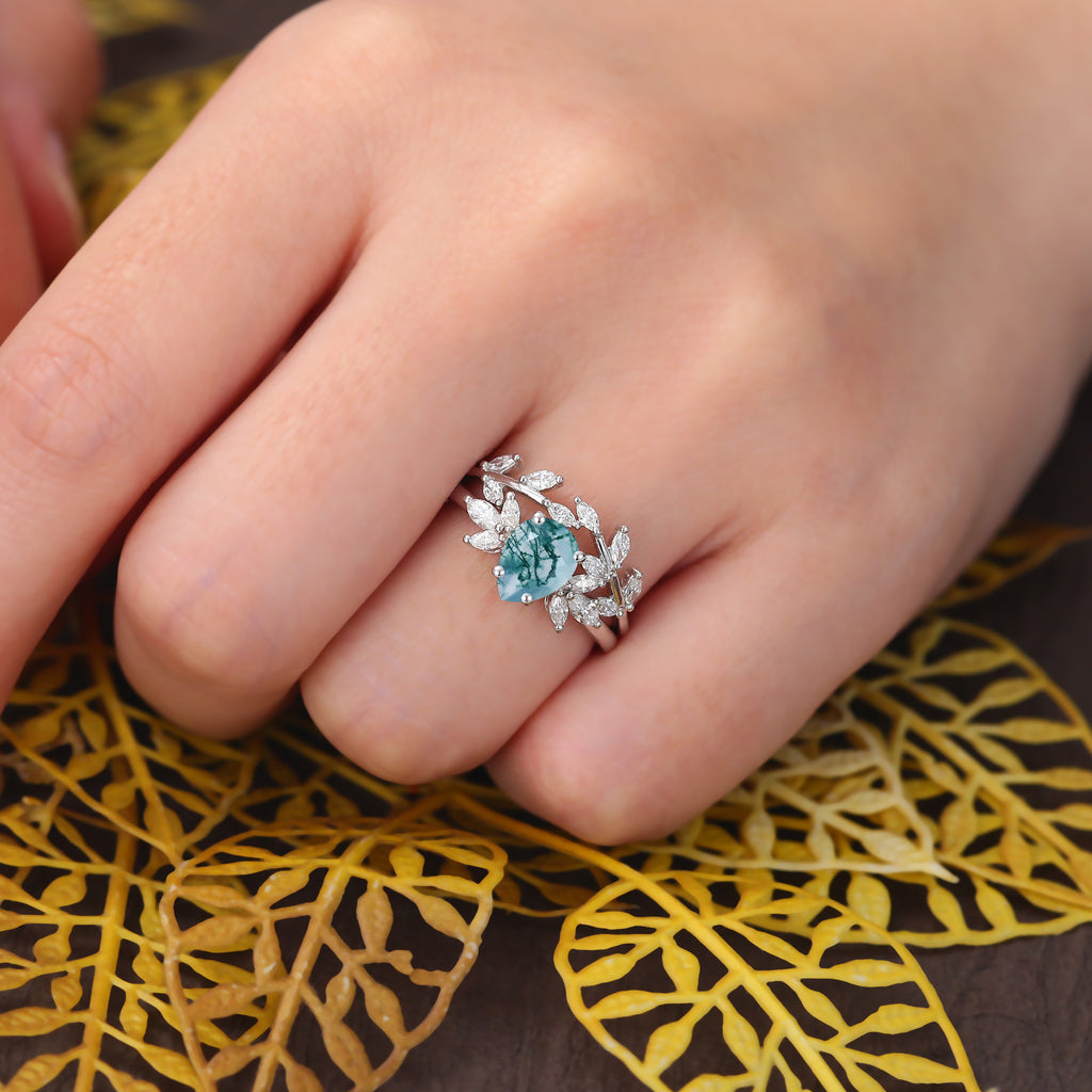 Vintage Pear shape Moss Agate Engagement Ring Set,  Rose/white/yellow Gold Bridal Wedding band S925/10k/14k/18k