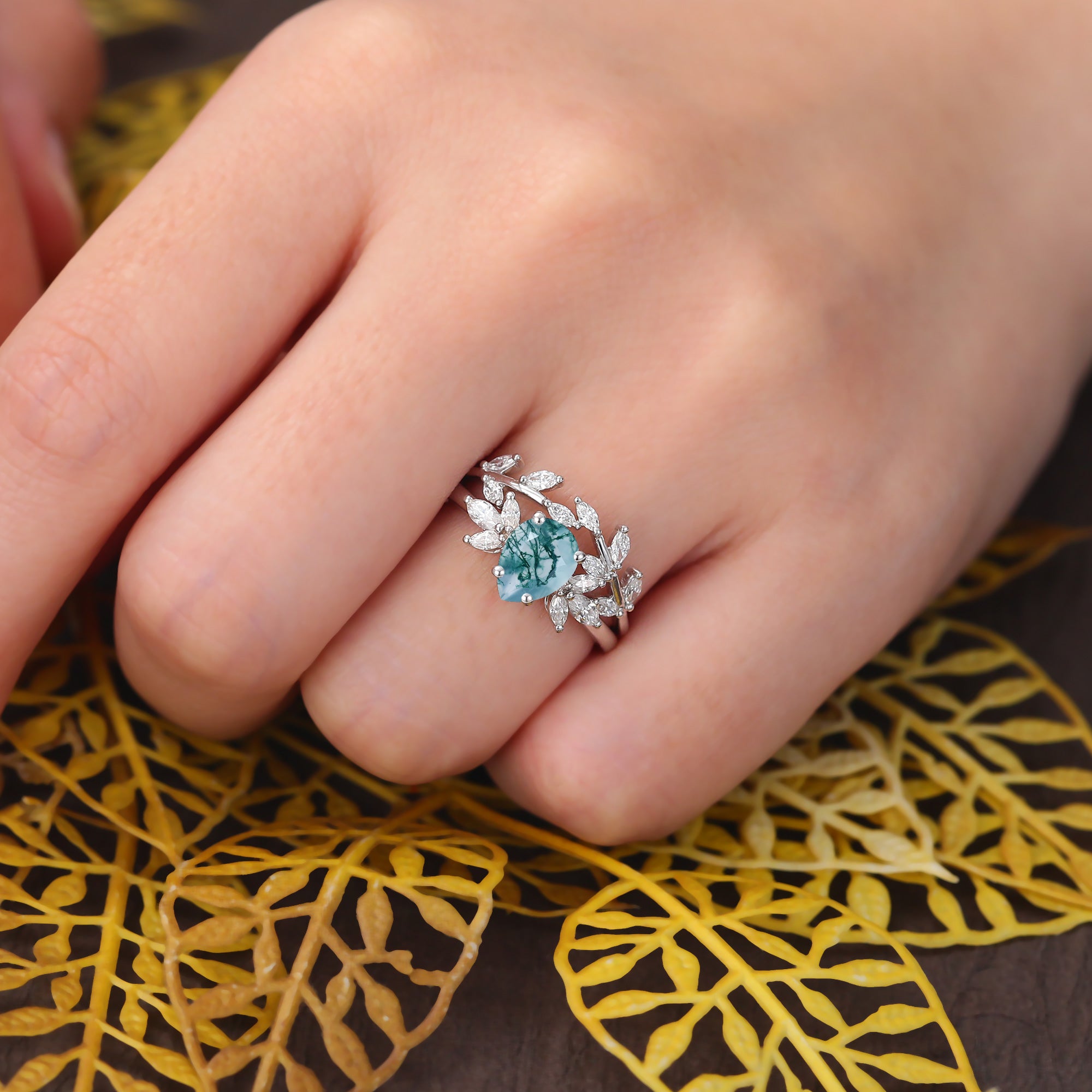 Vintage Pear shape Moss Agate Engagement Ring Set,  Rose/white/yellow Gold Bridal Wedding band S925/10k/14k/18k