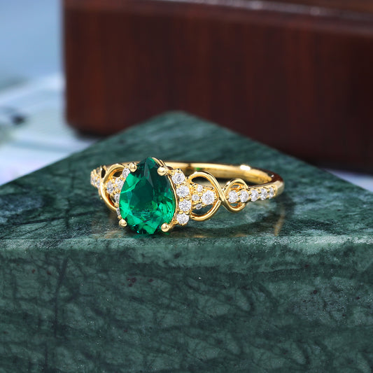 Vintage Lab emerald engagement Ring. unique diamond ring, 925silver/10k/14k/18k