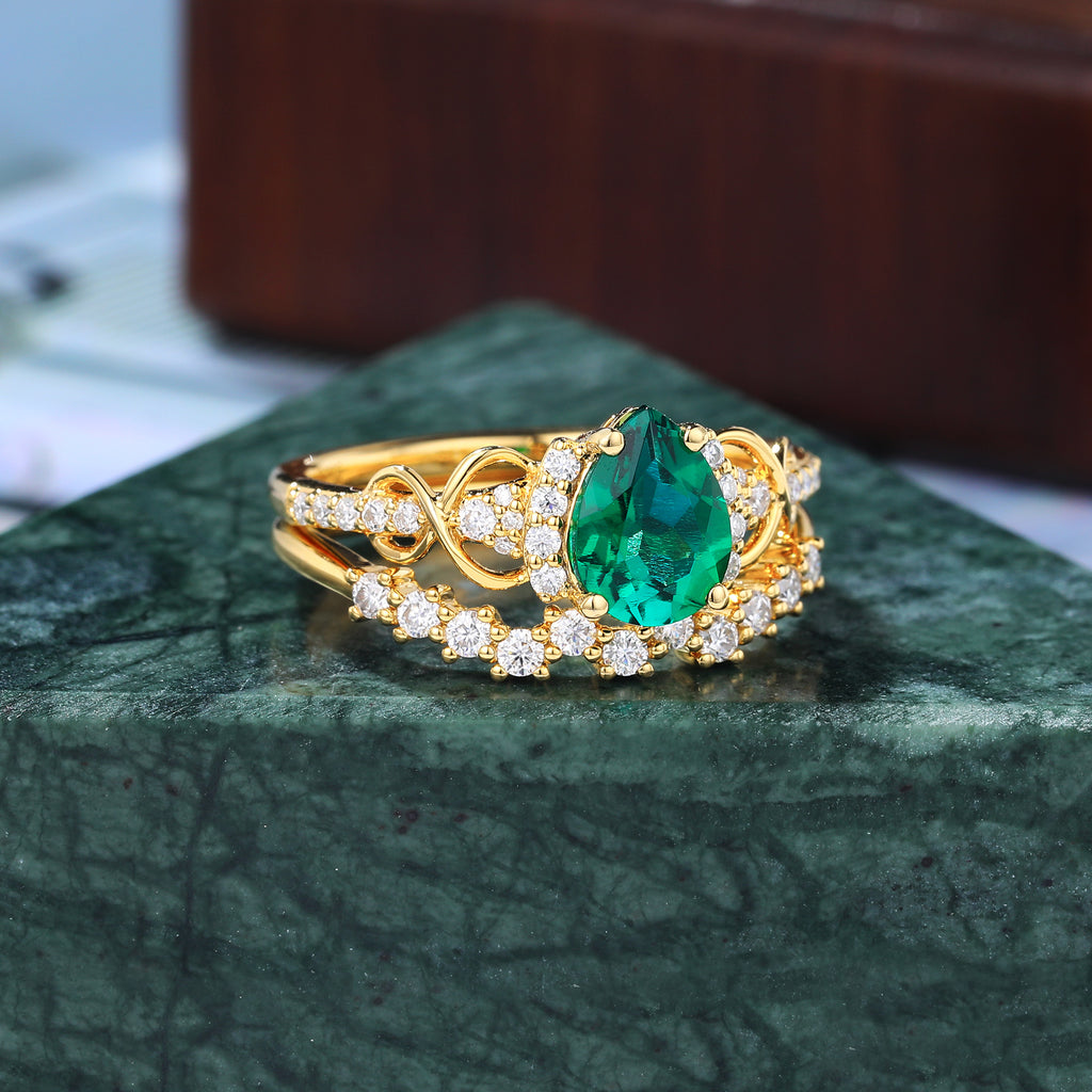 Vintage pear shape Lab emerald Engagement Ring Set , Rose/white/yellow Gold Bridal Wedding band
