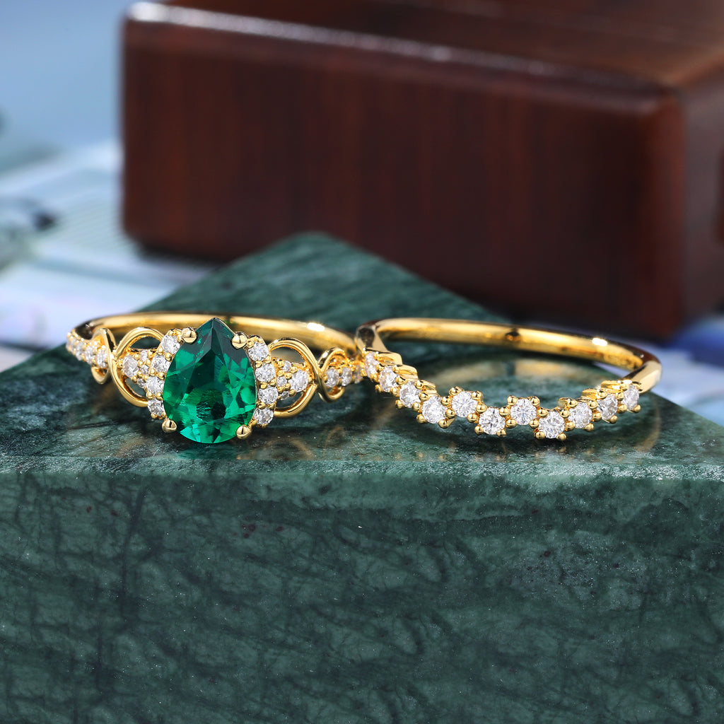 Vintage pear shape Lab emerald Engagement Ring Set , Rose/white/yellow Gold Bridal Wedding band