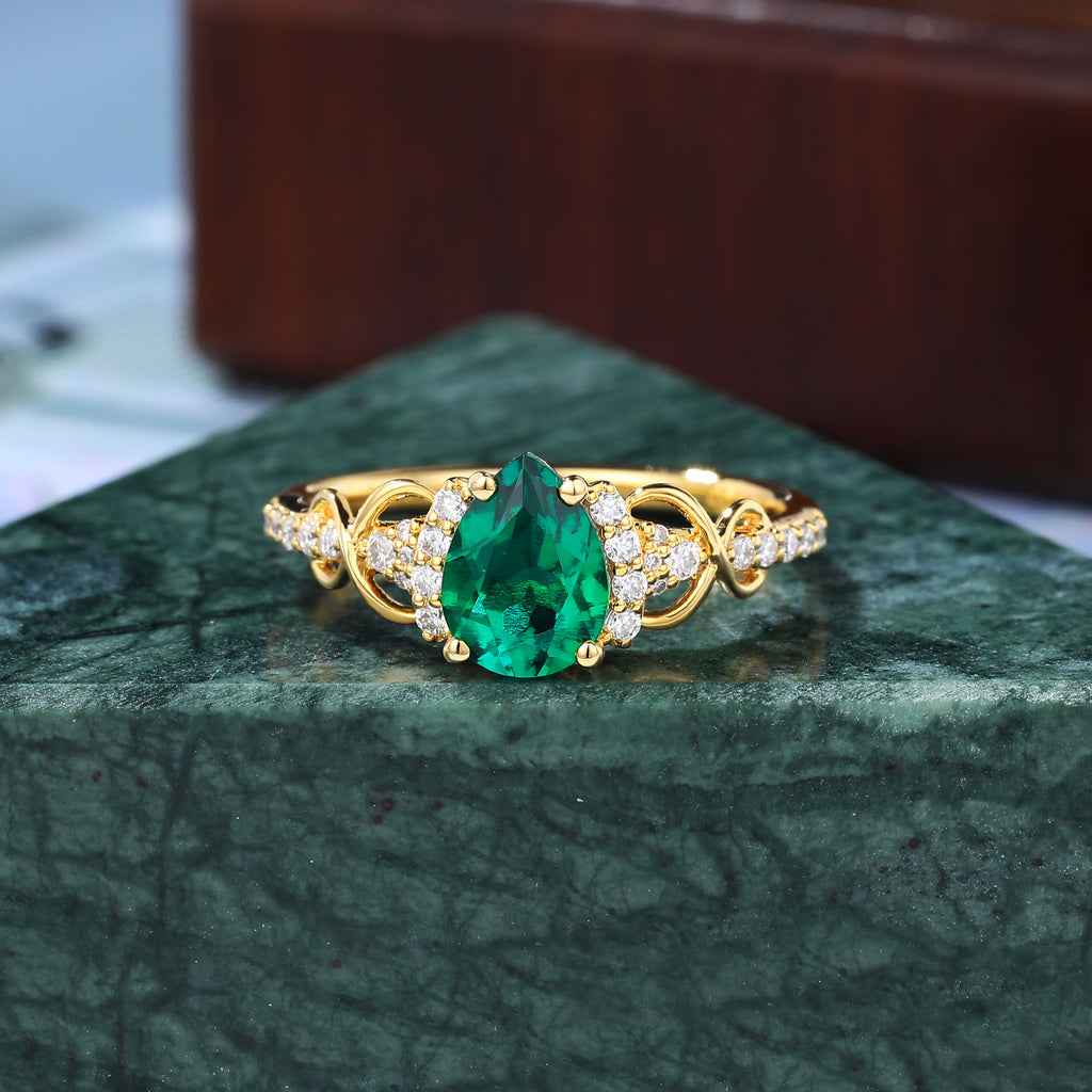 Vintage Lab emerald engagement Ring. unique moissanite ring, 925silver/10k/14k/18k
