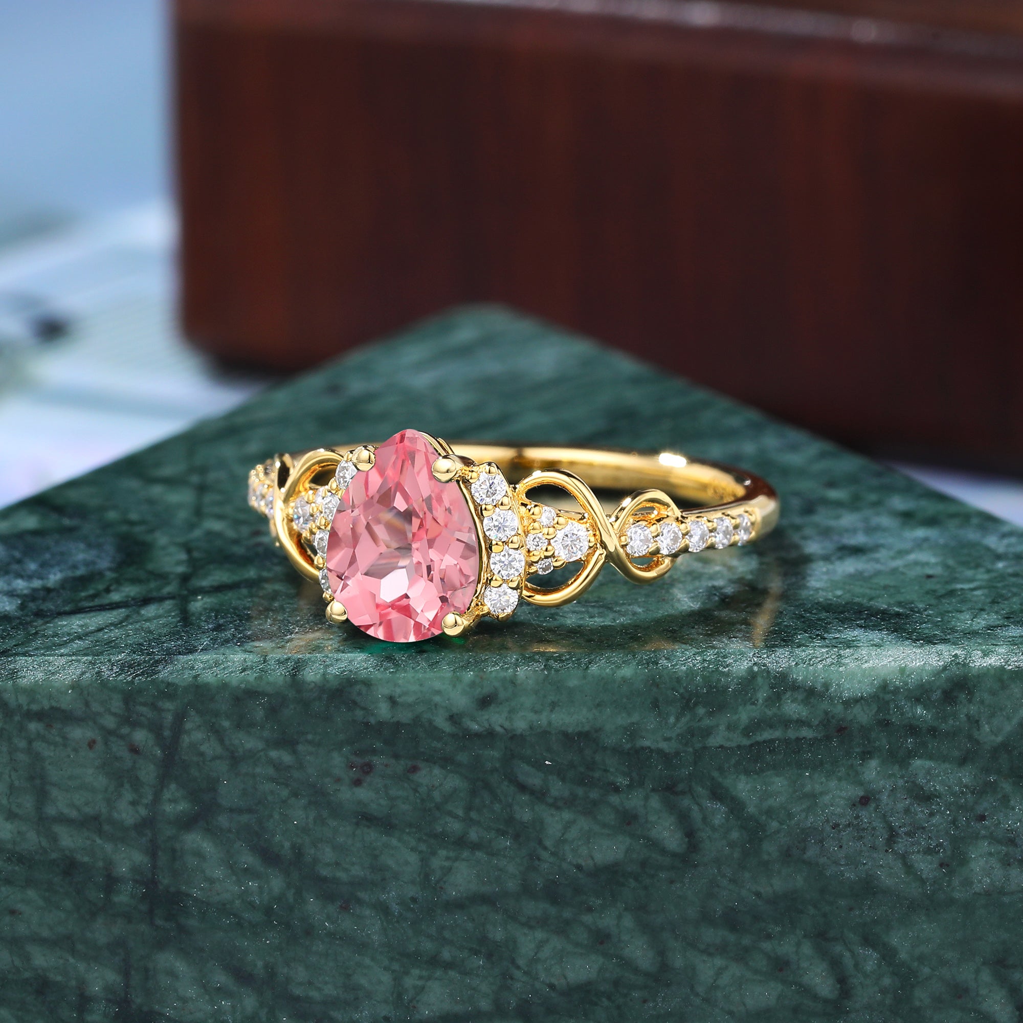 Pear shape Lab Pink Sapphire yellow gold engagement ring S925/10k/14k/18k gold