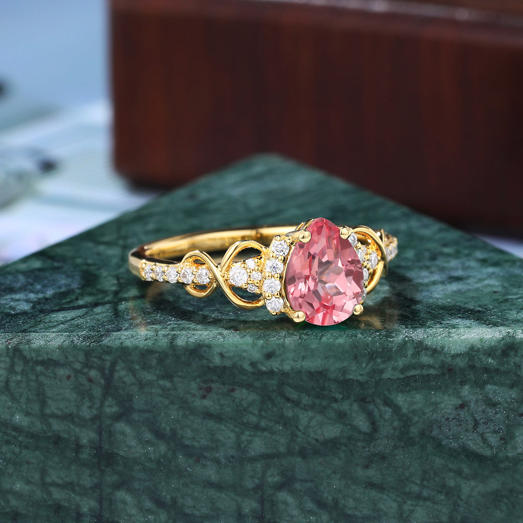 Pear shape Lab Pink Sapphire yellow gold engagement ring S925/10k/14k/18k gold