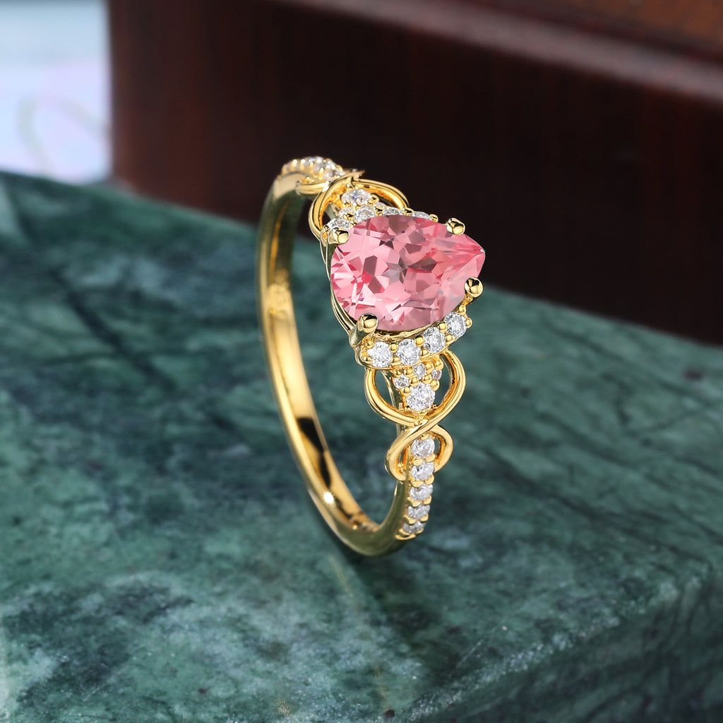 Pear shape Lab Pink Sapphire yellow gold engagement ring S925/10k/14k/18k gold