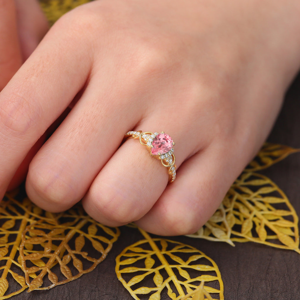 Pear shape Lab Pink Sapphire yellow gold engagement ring S925/10k/14k/18k gold