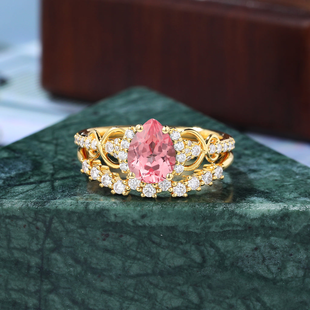 Pear shape Lab Pink Sapphire yellow gold Engagement Ring Set, Rose/white/yellow gold, S925/10k/14k/18k gold