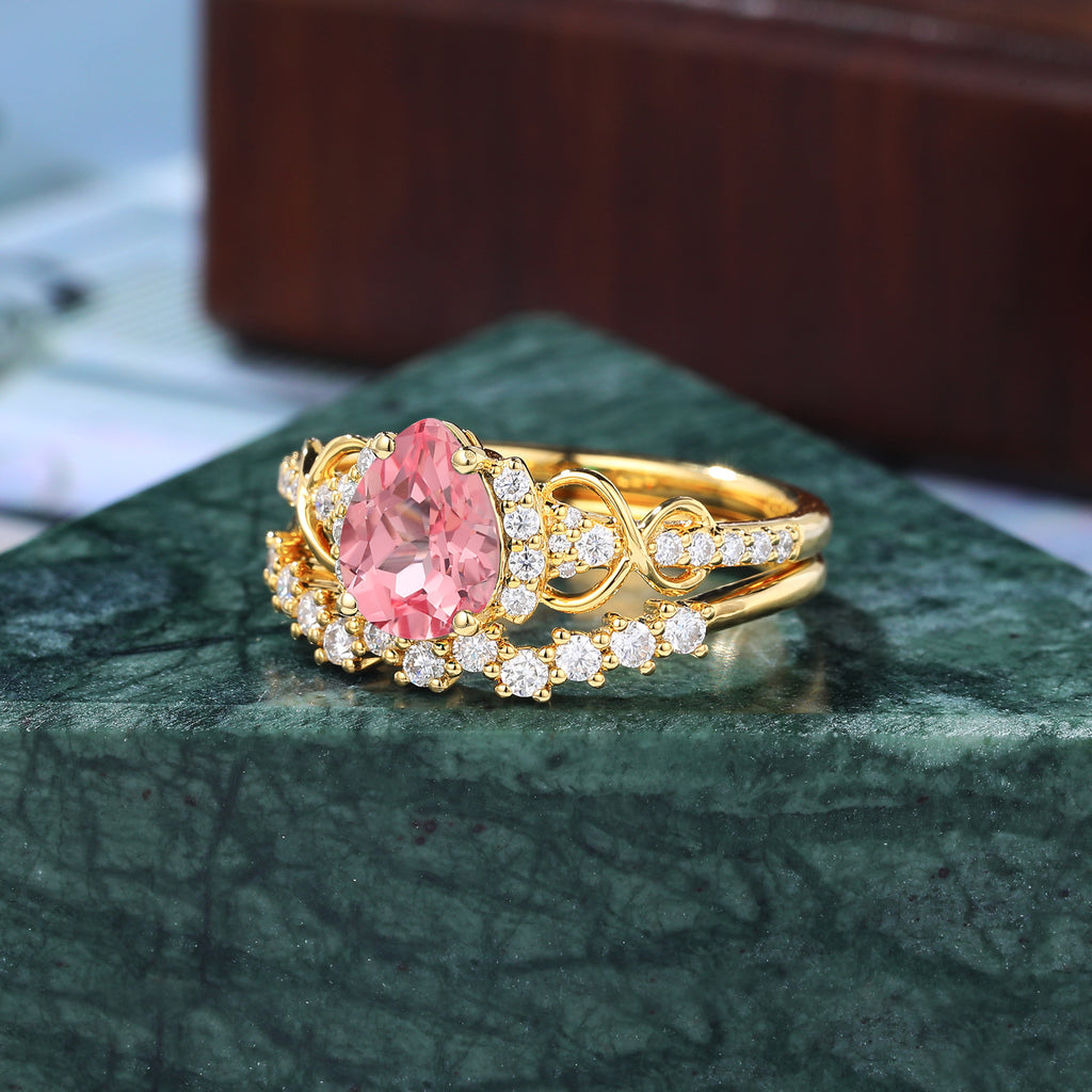 Pear shape Lab Pink Sapphire yellow gold Engagement Ring Set, Rose/white/yellow gold, S925/10k/14k/18k gold