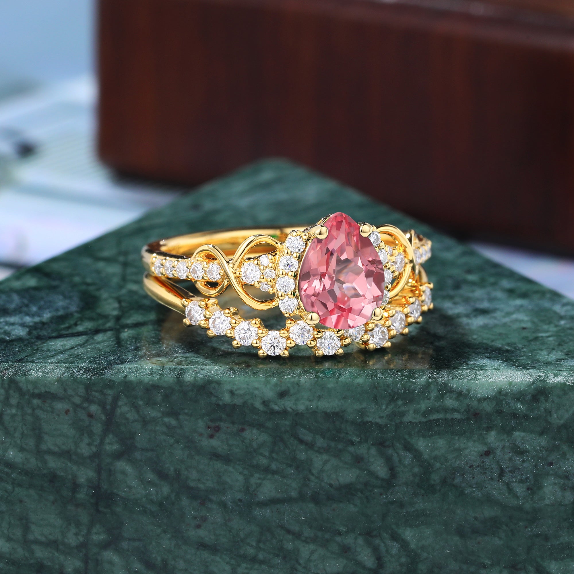Pear shape Lab Pink Sapphire yellow gold Engagement Ring Set, Rose/white/yellow gold, S925/10k/14k/18k gold
