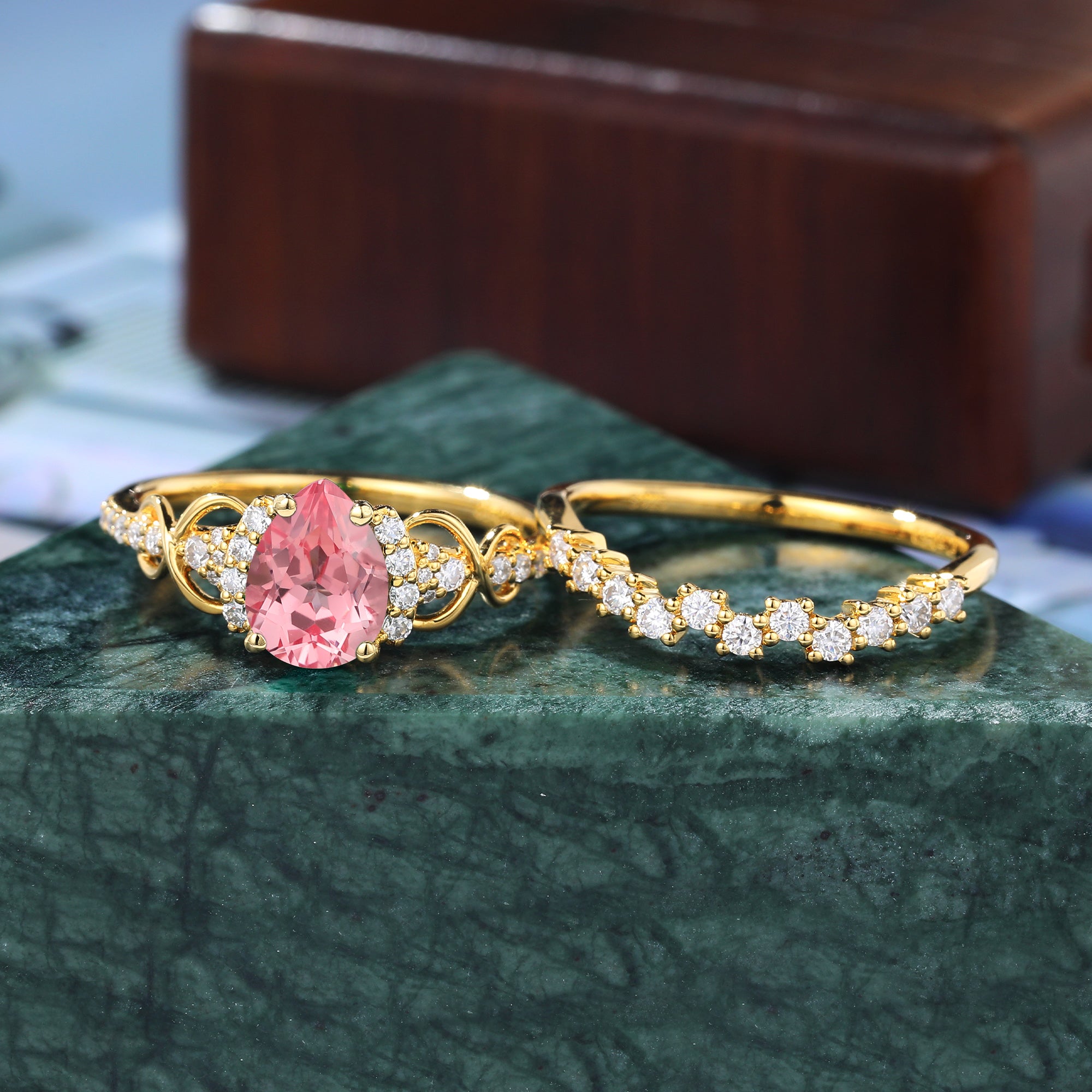 Pear shape Lab Pink Sapphire yellow gold Engagement Ring Set, Rose/white/yellow gold, S925/10k/14k/18k gold