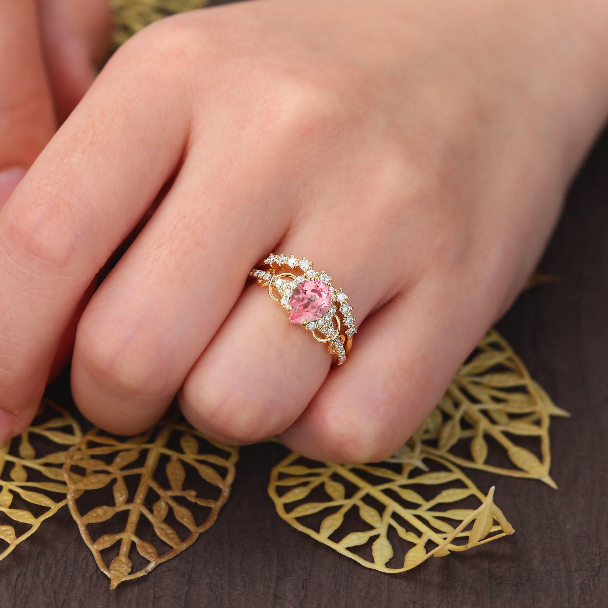 Pear shape Lab Pink Sapphire yellow gold Engagement Ring Set, Rose/white/yellow gold, S925/10k/14k/18k gold