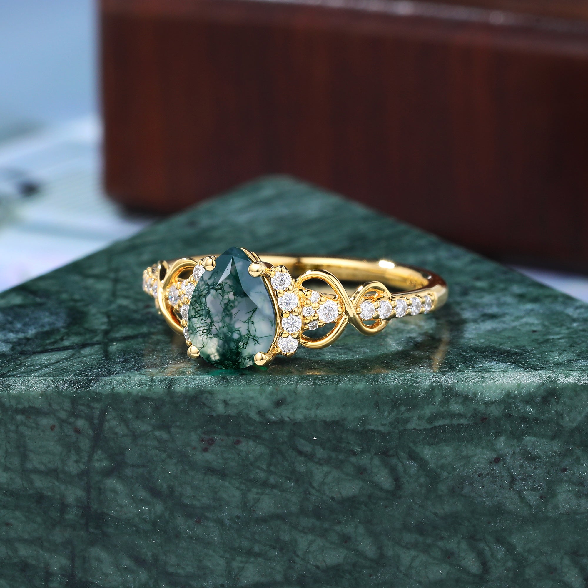 Pear shape Moss agate yellow gold engagement ring S925/10k/14k/18k gold unique bridal ring