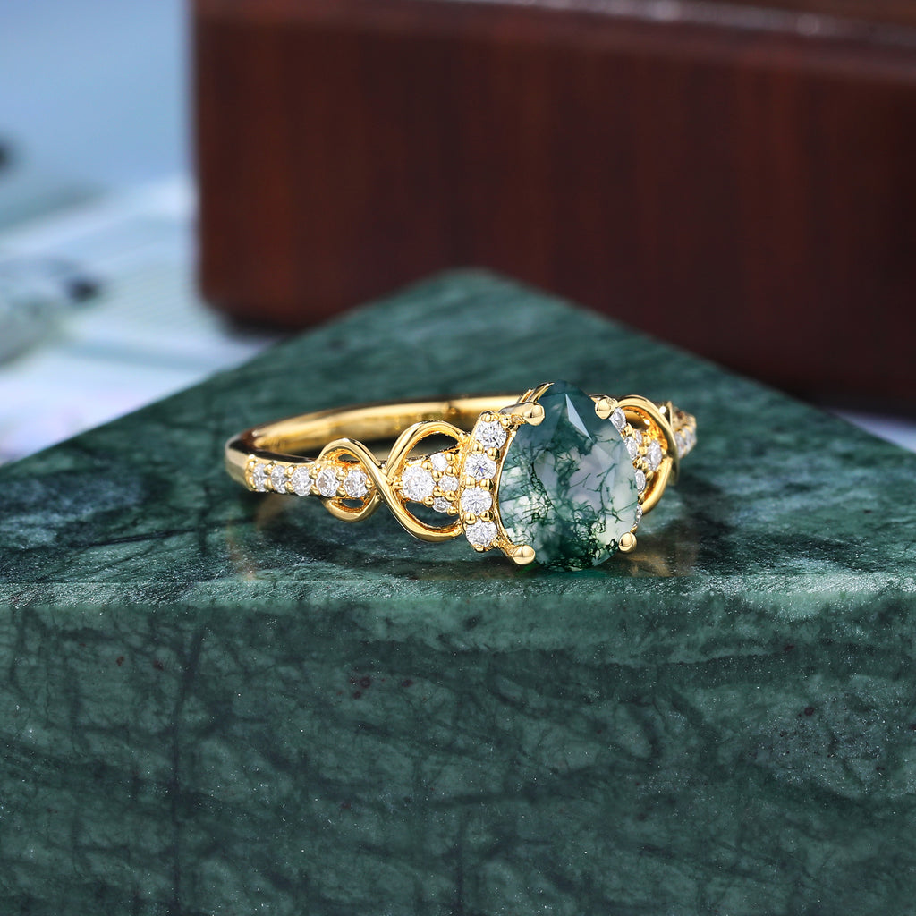 Pear shape Moss agate yellow gold engagement ring S925/10k/14k/18k gold unique bridal ring