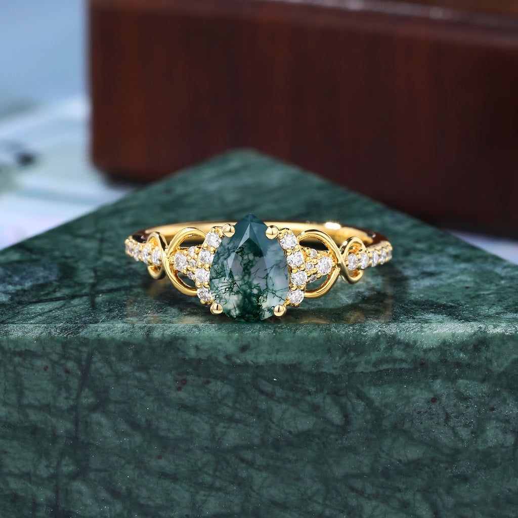 Pear shape Moss agate yellow gold engagement ring S925/10k/14k/18k gold unique bridal ring