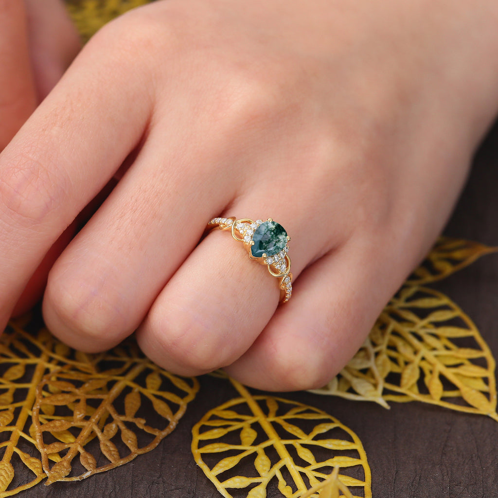 Pear shape Moss agate yellow gold engagement ring S925/10k/14k/18k gold unique bridal ring