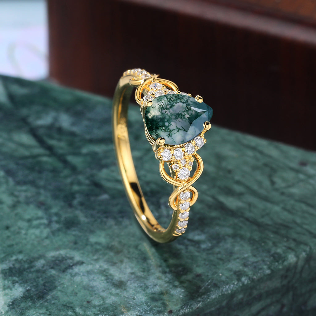 Pear shape Moss agate yellow gold engagement ring S925/10k/14k/18k gold unique bridal ring