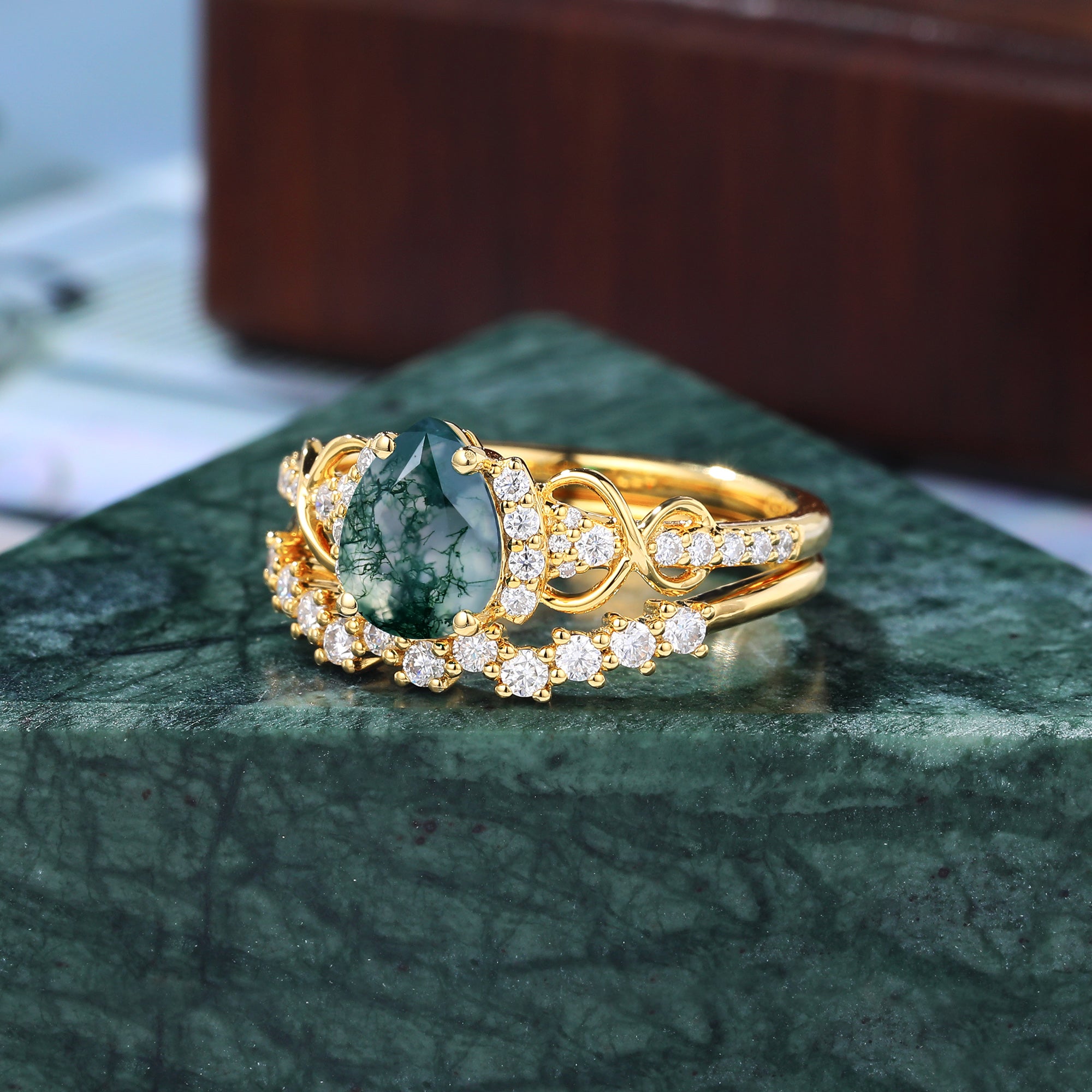 Vintage Pear shape Moss Agate yellow gold Engagement Ring Set,   Rose /white/yellow Gold Bridal Wedding band S925/10k/14k/18k