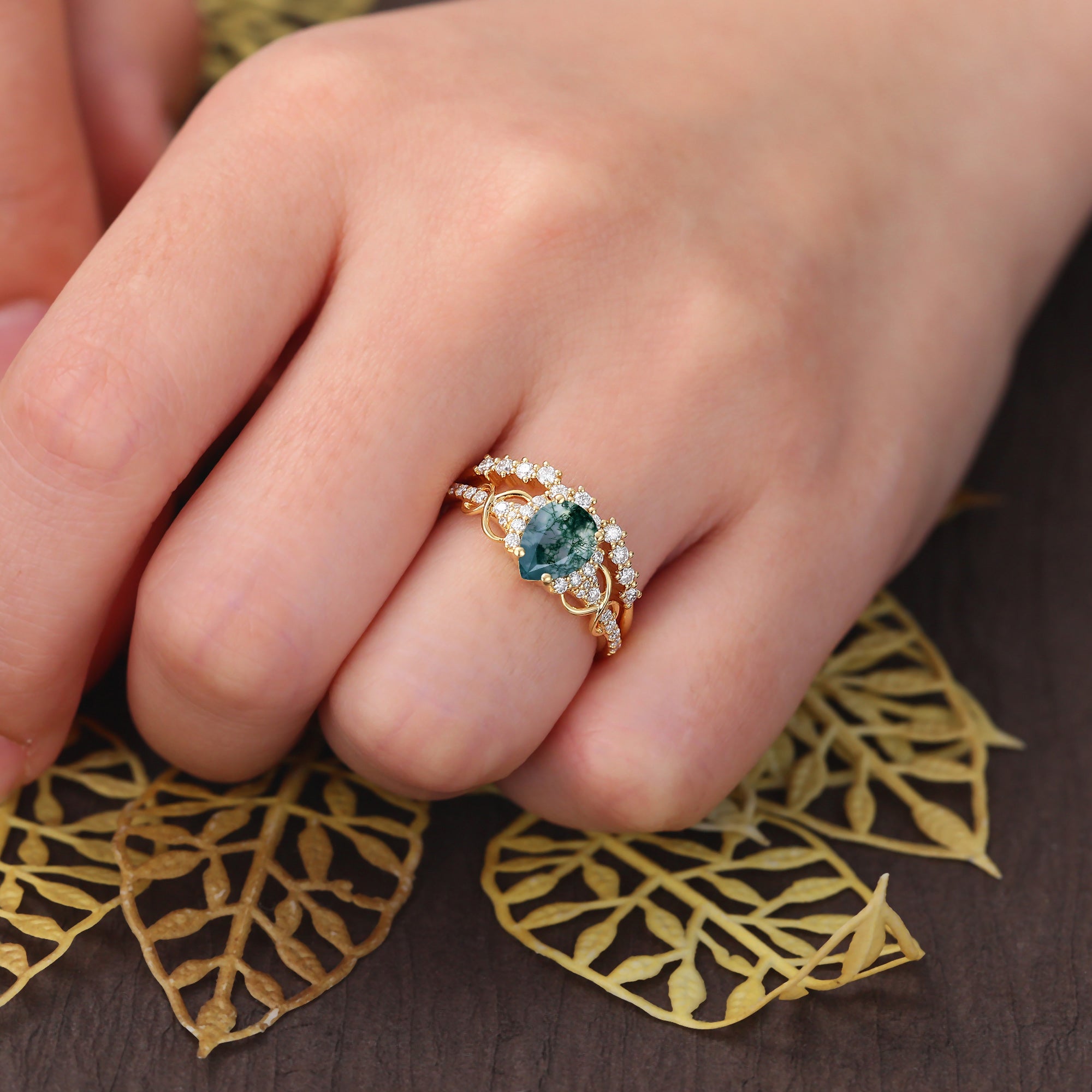 Vintage Pear shape Moss Agate yellow gold Engagement Ring Set,   Rose /white/yellow Gold Bridal Wedding band S925/10k/14k/18k