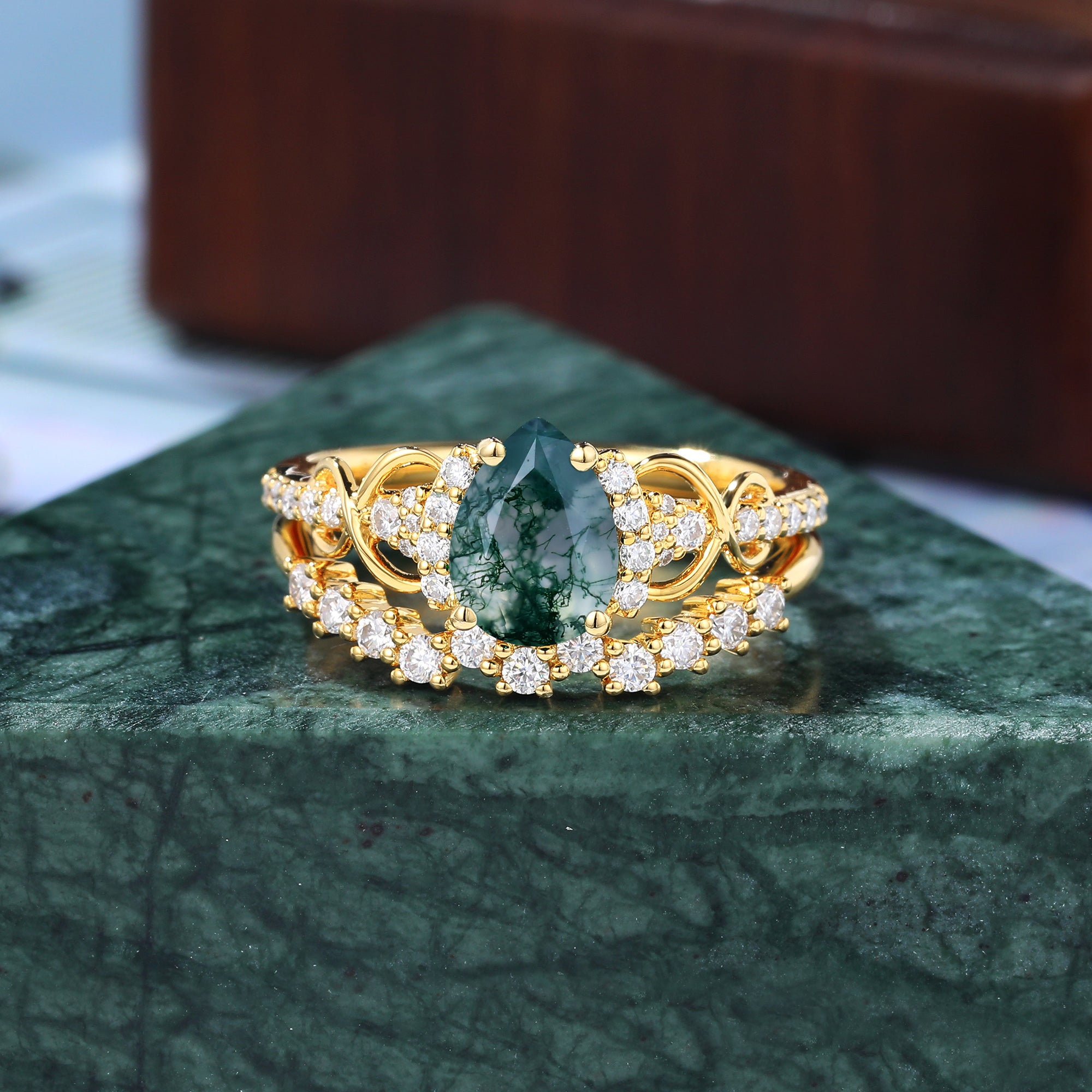 Vintage Pear shape Moss Agate yellow gold Engagement Ring Set,   Rose /white/yellow Gold Bridal Wedding band S925/10k/14k/18k
