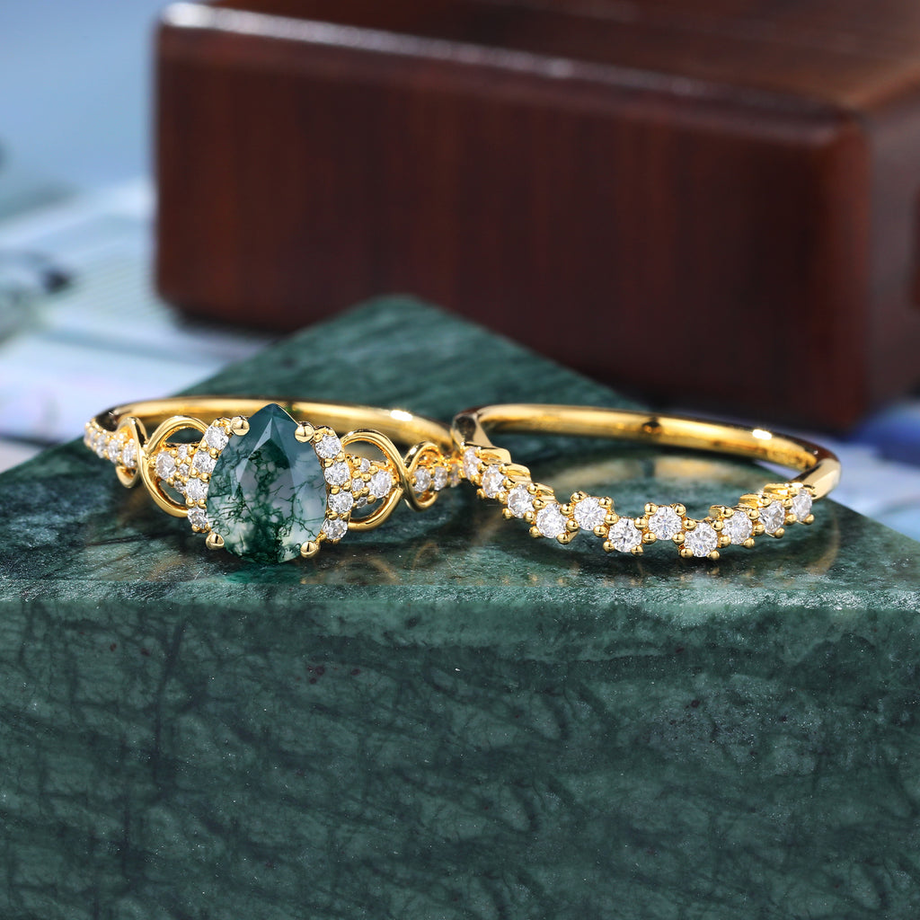 Vintage Pear shape Moss Agate yellow gold Engagement Ring Set,   Rose /white/yellow Gold Bridal Wedding band S925/10k/14k/18k