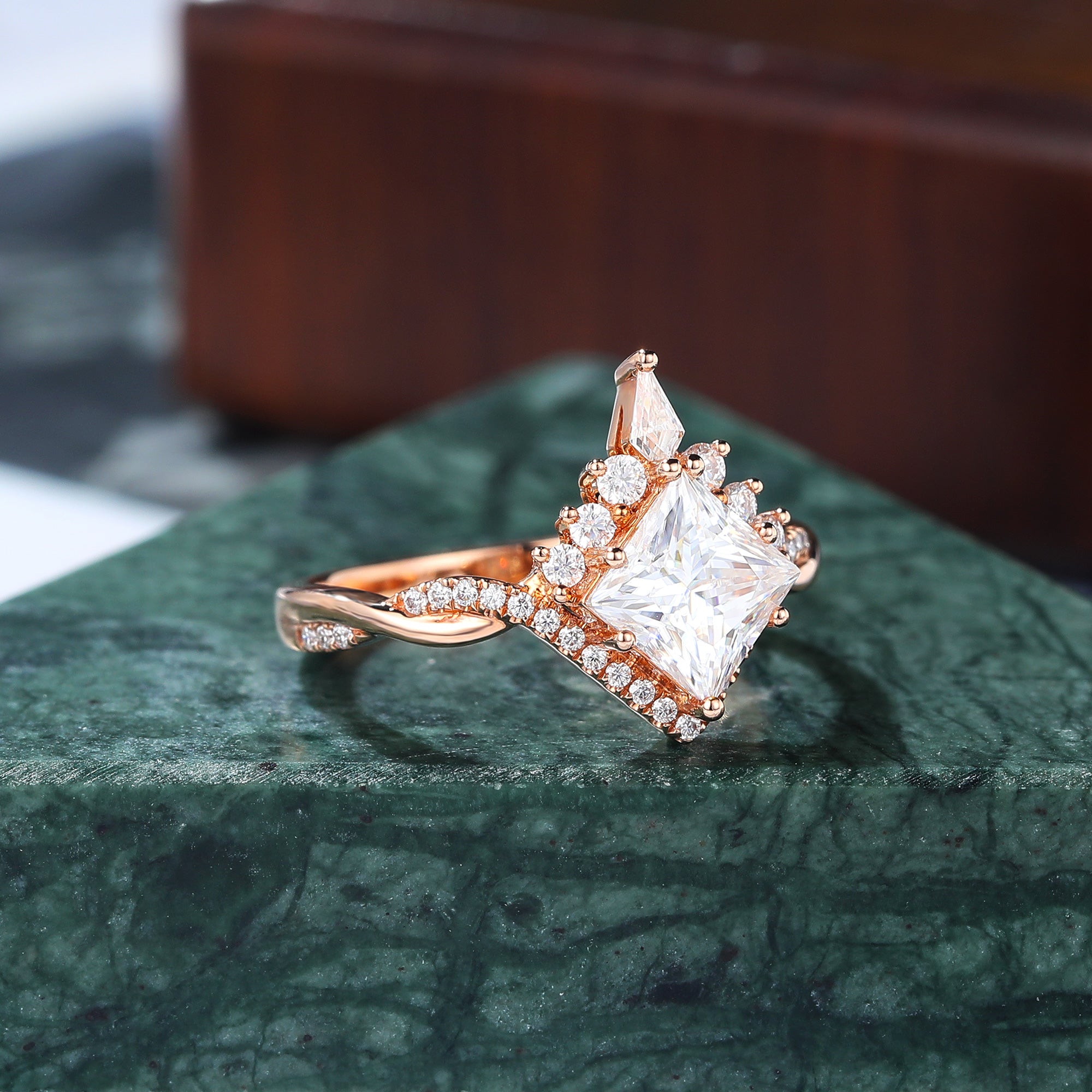 Princess cut moissanite rose gold engagement Ring.