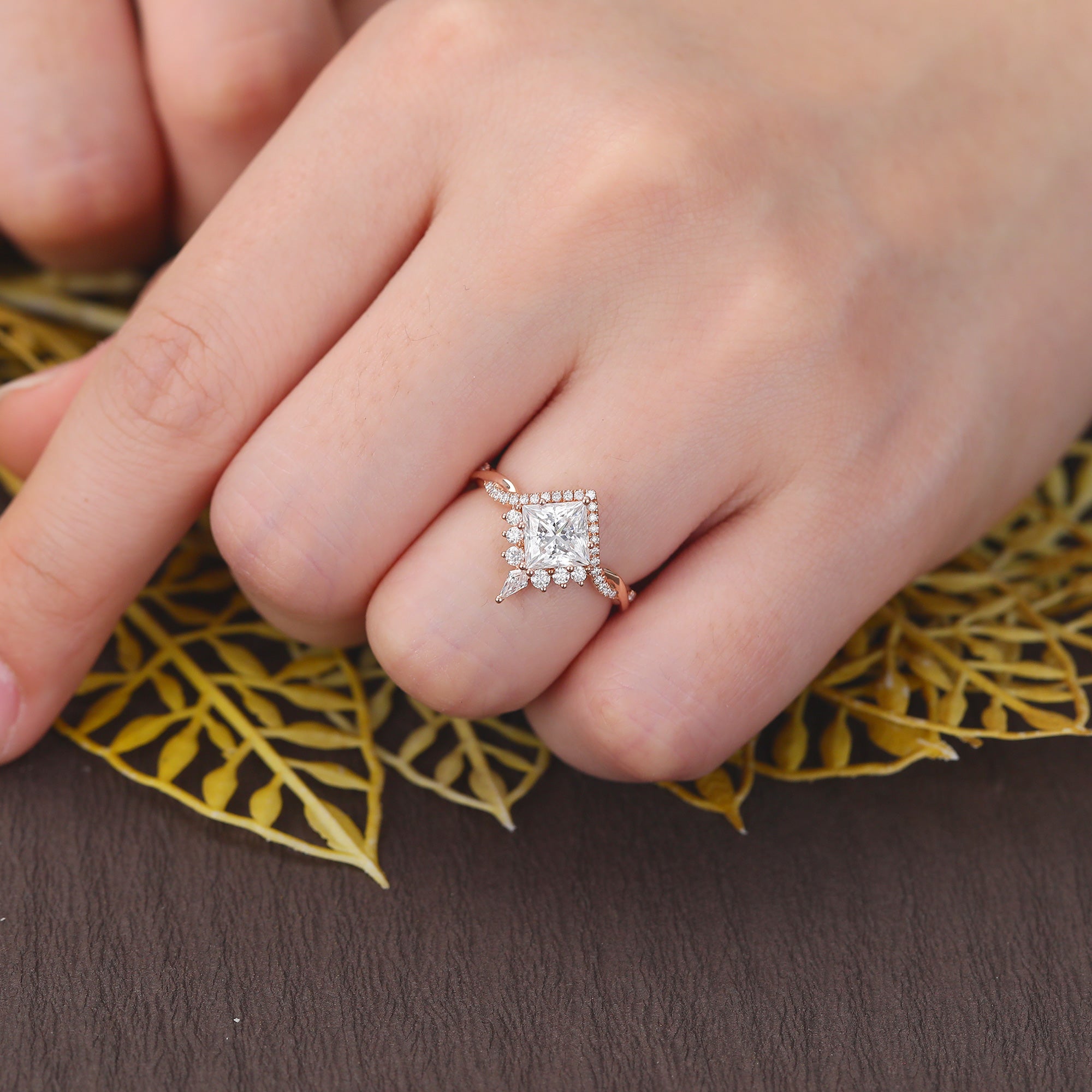 Princess cut moissanite rose gold engagement Ring.