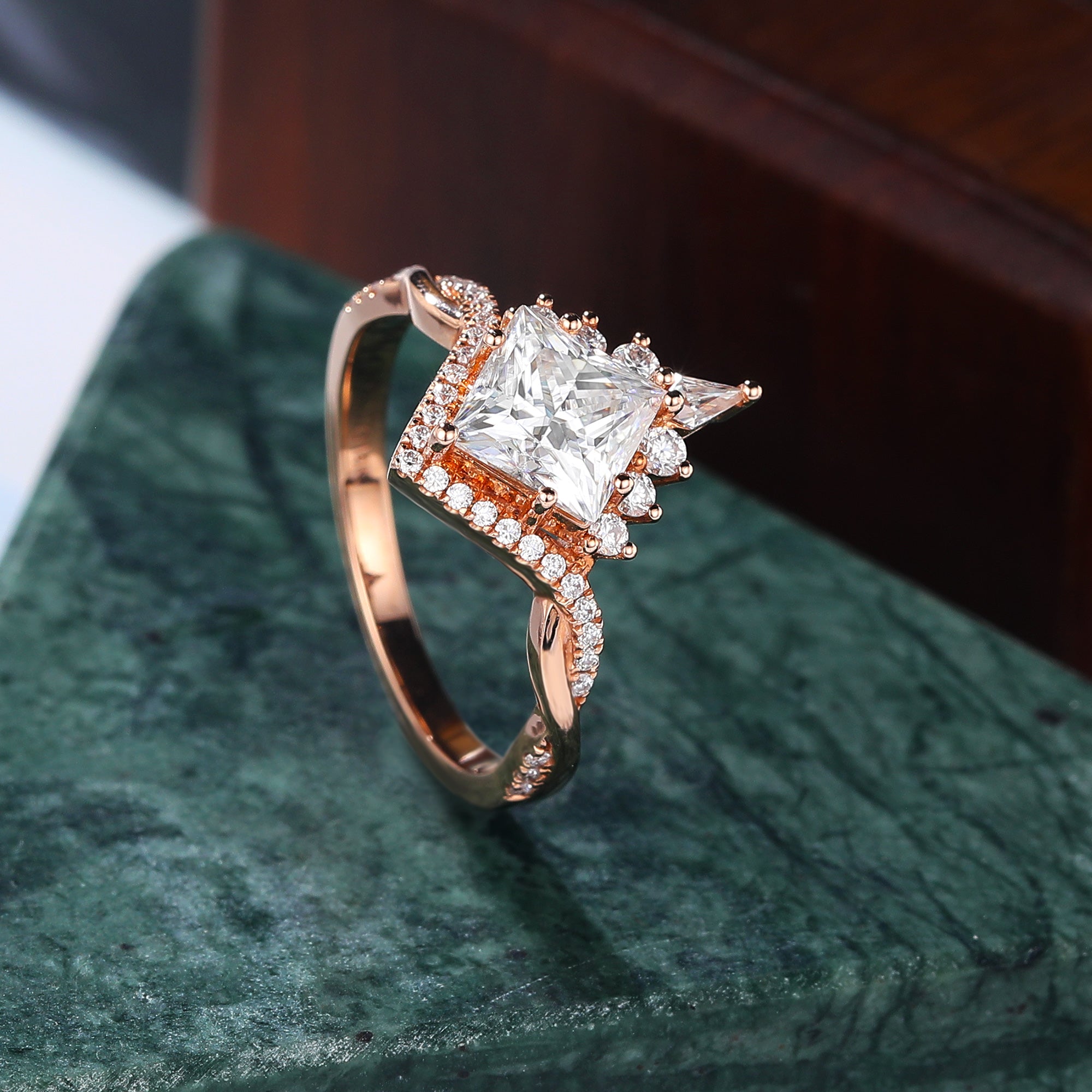 Princess cut moissanite rose gold engagement Ring.