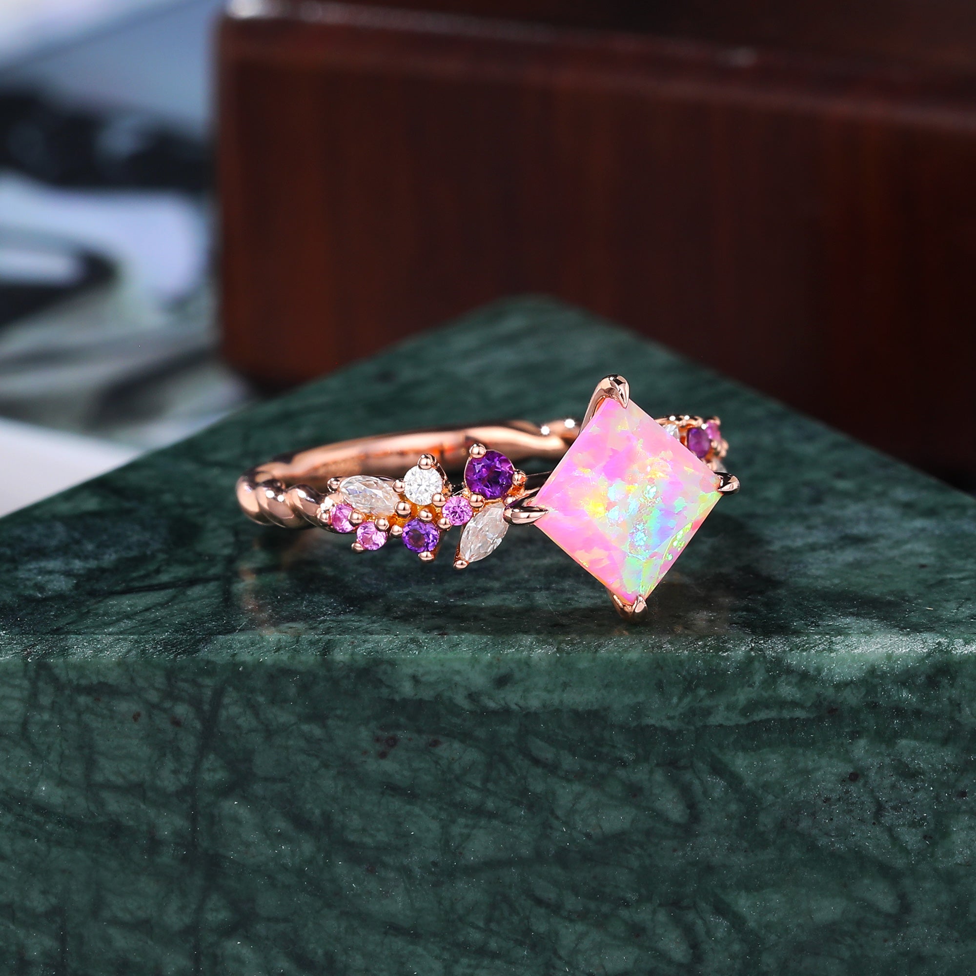 Princess cut Lab Pink Opal engagement ring S925/10k/14k/18k gold , unique Bridal ring rose/white/yellow gold