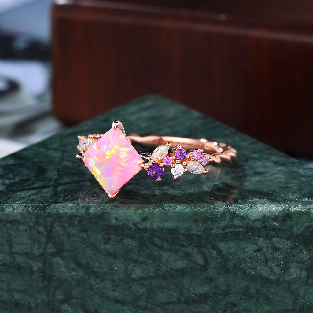 Princess cut Lab Pink Opal engagement ring S925/10k/14k/18k gold , unique Bridal ring rose/white/yellow gold