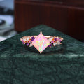 Princess cut Lab Pink Opal engagement ring S925/10k/14k/18k gold , unique Bridal ring rose/white/yellow gold