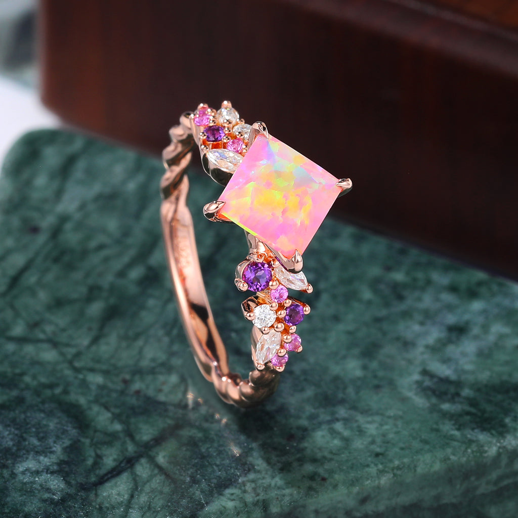 Princess cut Lab Pink Opal engagement ring S925/10k/14k/18k gold , unique Bridal ring rose/white/yellow gold