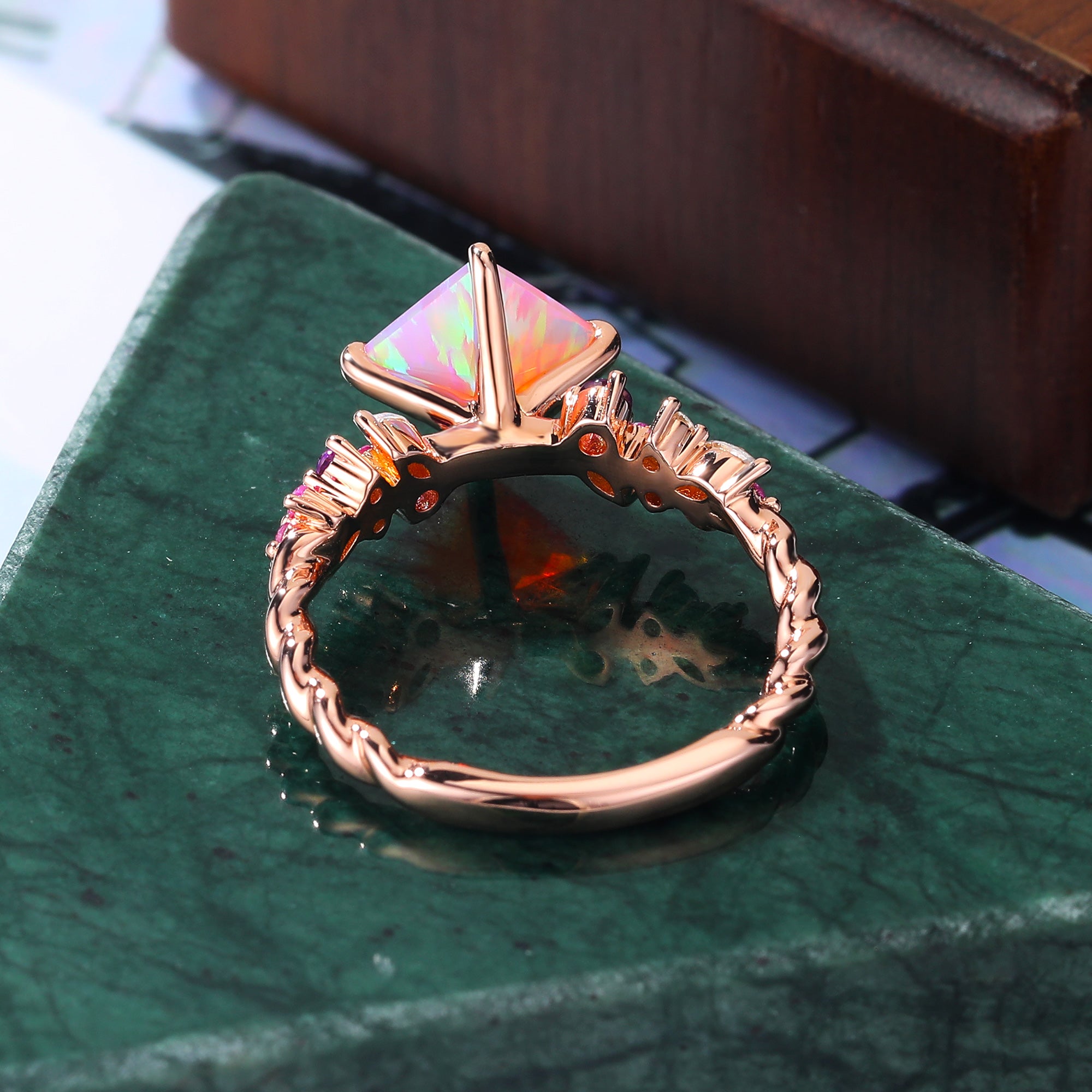 Princess cut Lab Pink Opal engagement ring S925/10k/14k/18k gold , unique Bridal ring rose/white/yellow gold