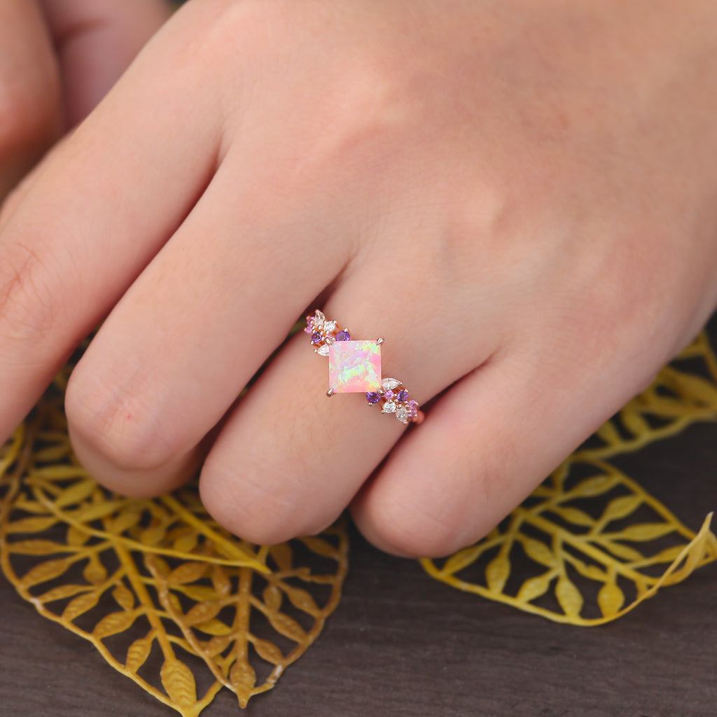 Princess cut Lab Pink Opal engagement ring S925/10k/14k/18k gold , unique Bridal ring rose/white/yellow gold