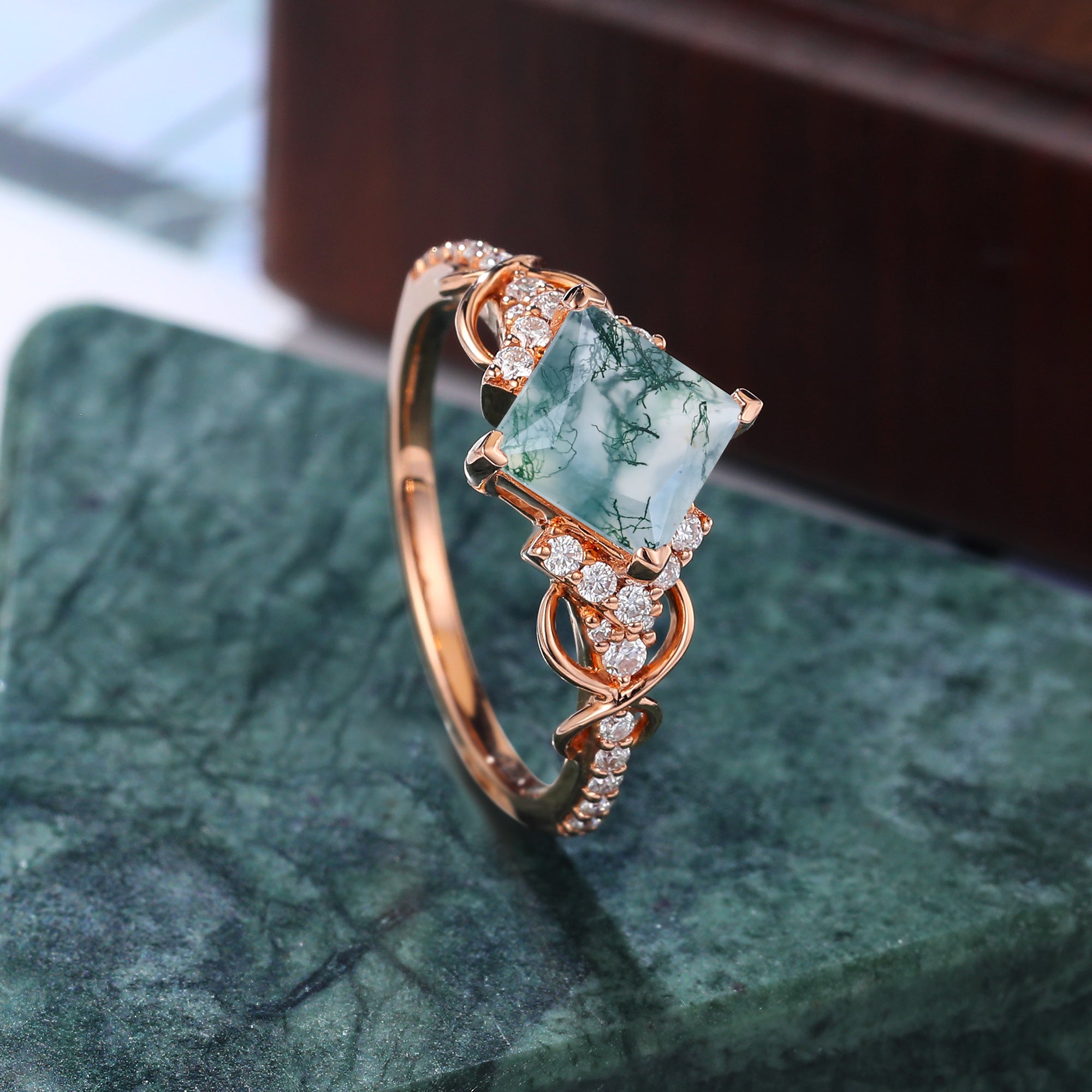 Princess cut Moss agate engagement ring 925silver/10k/14k/18k gold ring, unique bridal ring rose/white gold