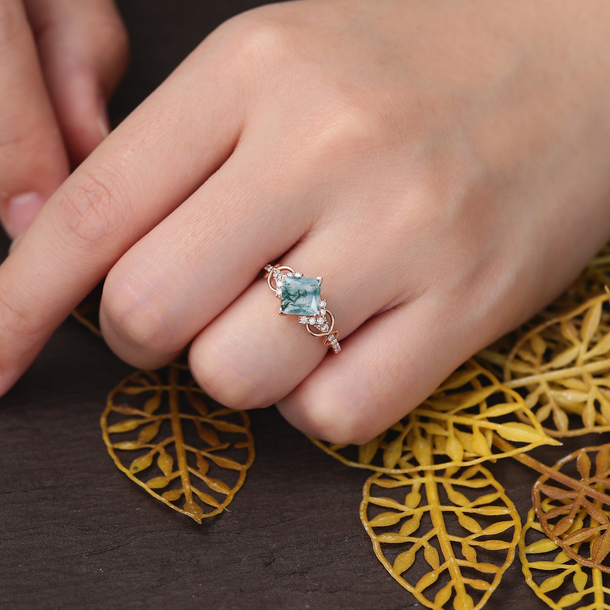 Princess cut Moss agate engagement ring 925silver/10k/14k/18k gold ring, unique bridal ring rose/white gold
