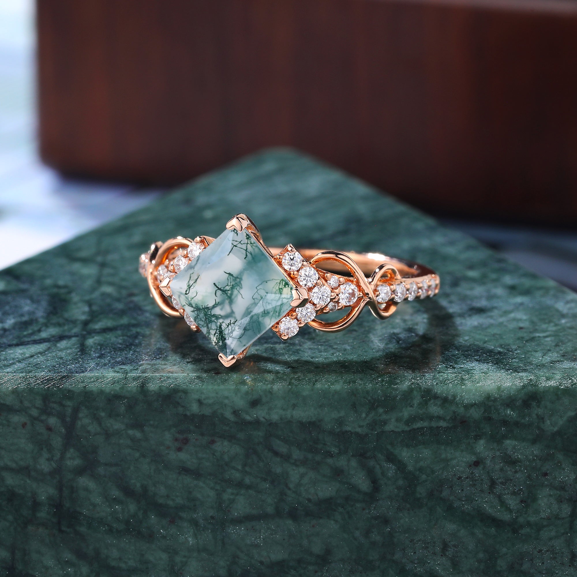 Princess cut Moss agate engagement ring 925silver/10k/14k/18k gold ring, unique bridal ring rose/white gold