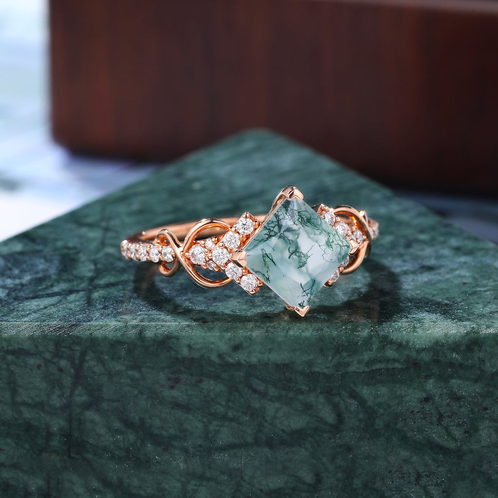 Princess cut Moss agate engagement ring 925silver/10k/14k/18k gold ring, unique bridal ring rose/white gold