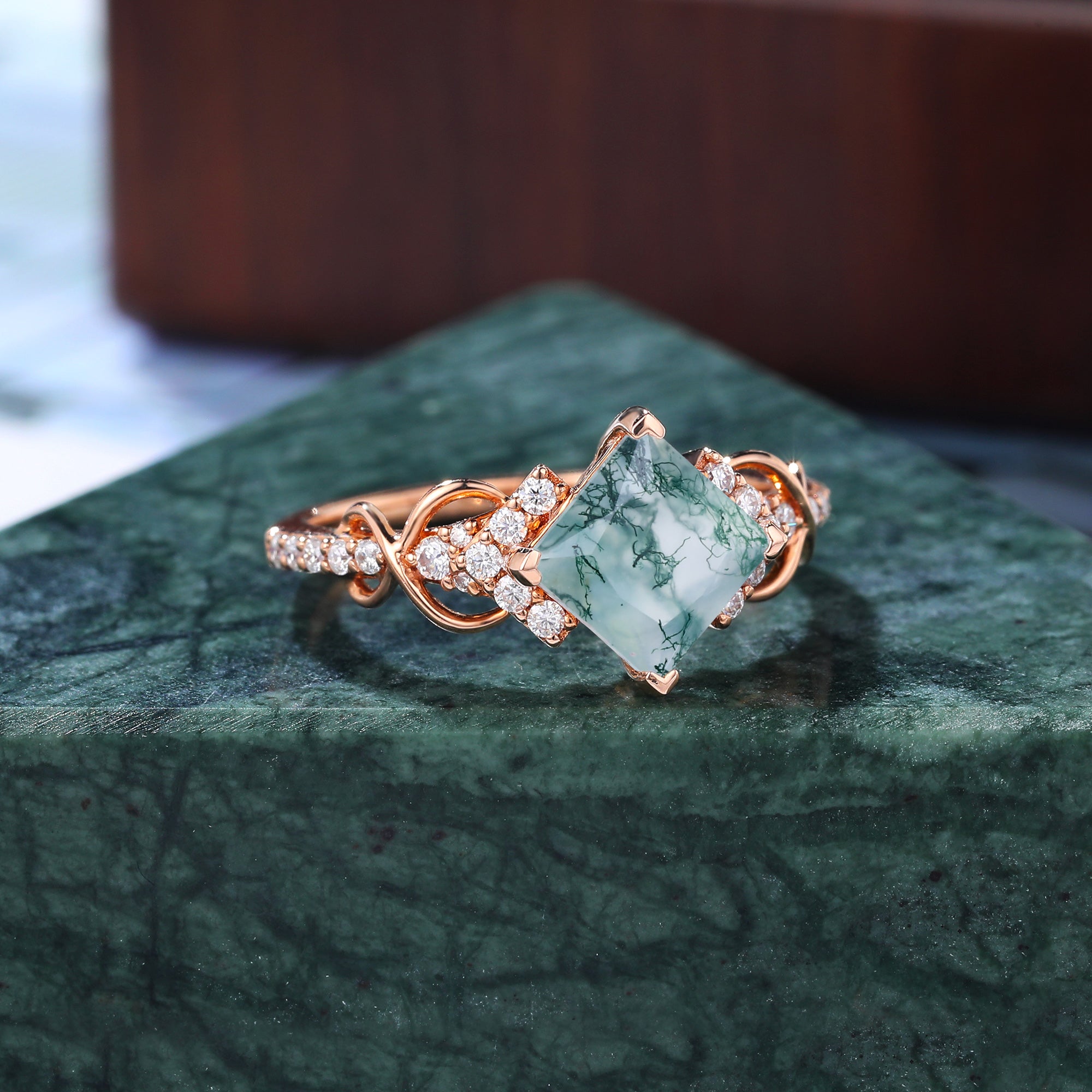 Princess cut Moss agate engagement ring 925silver/10k/14k/18k gold ring, unique bridal ring rose/white gold