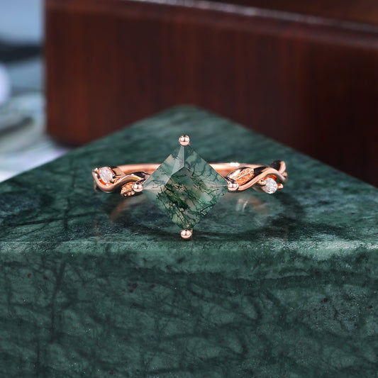 Princess cut Moss Agate engagement ring 925silver/10k/14k/18k gold , unique moissanite Bridal ring