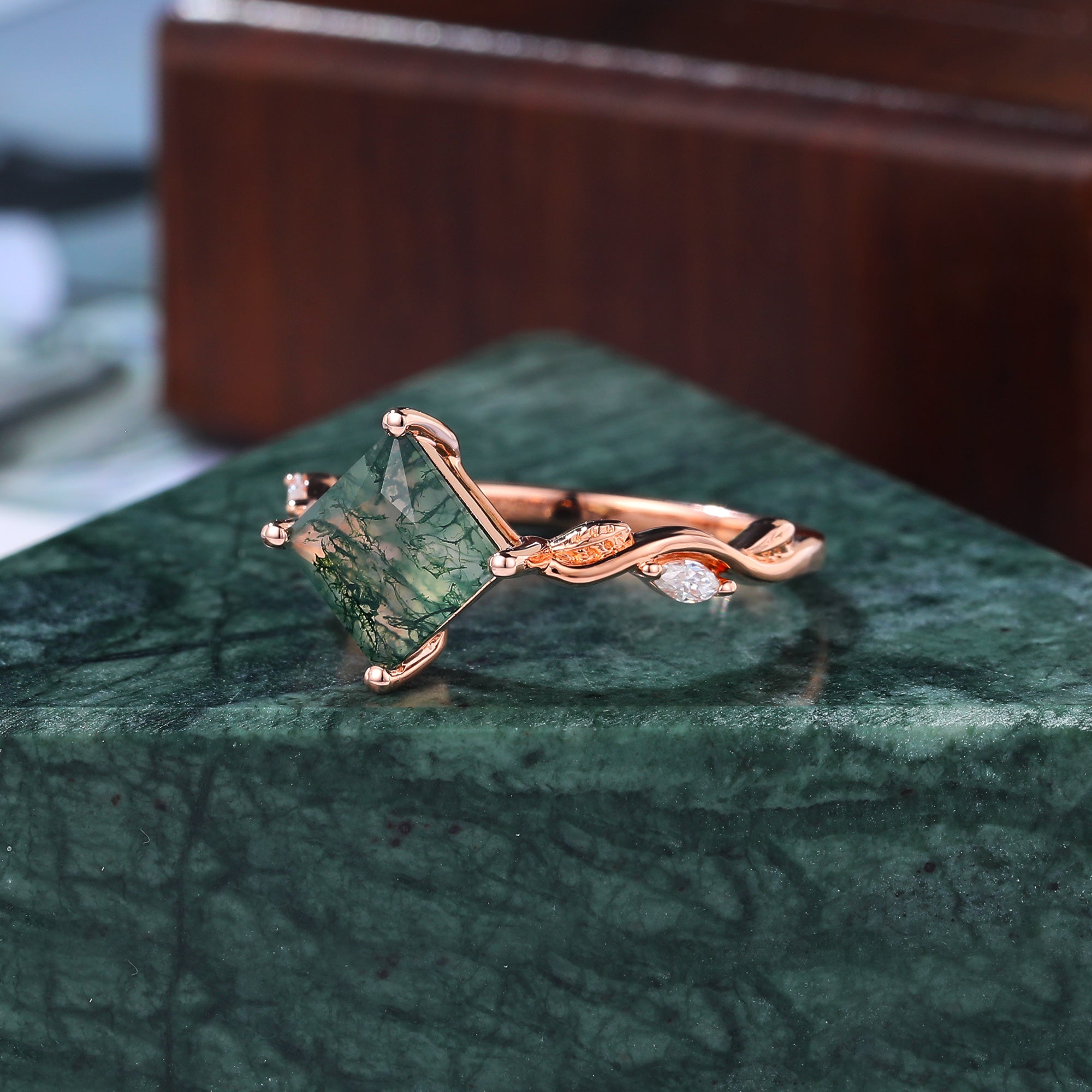 Princess cut Moss Agate engagement ring 925silver/10k/14k/18k gold , unique moissanite Bridal ring