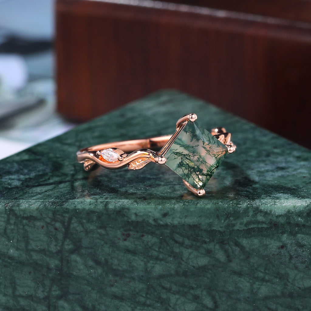 Princess cut Moss Agate engagement ring 925silver/10k/14k/18k gold , unique moissanite Bridal ring