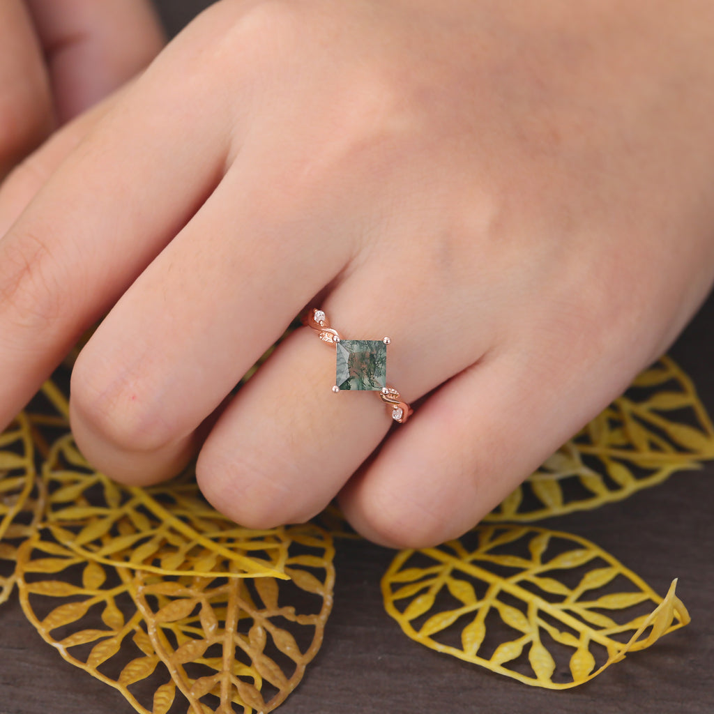 Princess cut Moss Agate engagement ring 925silver/10k/14k/18k gold , unique moissanite Bridal ring