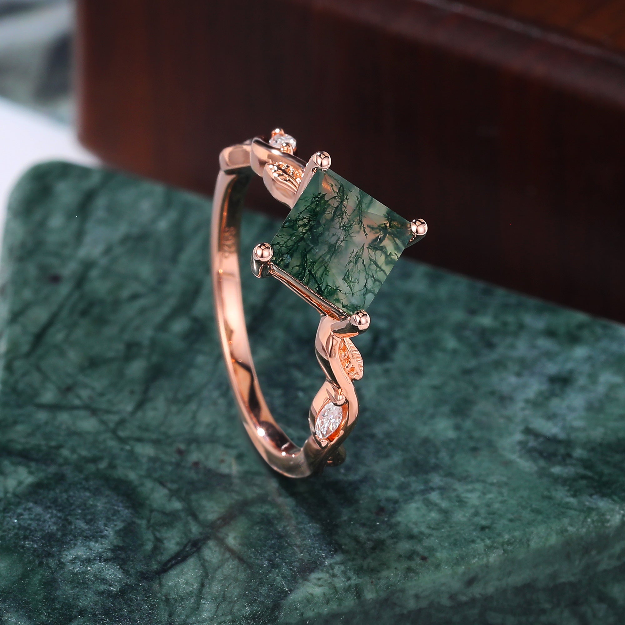 Princess cut Moss Agate engagement ring 925silver/10k/14k/18k gold , unique moissanite Bridal ring