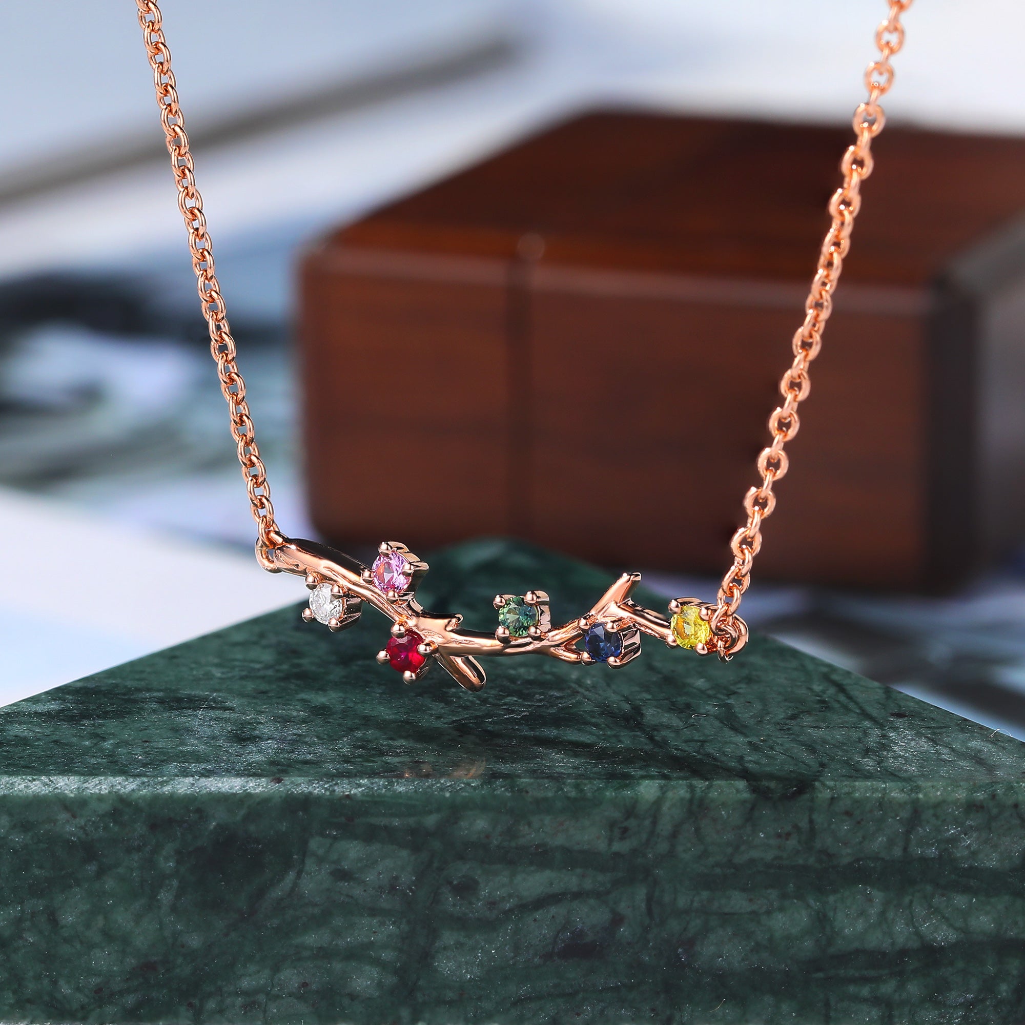 Cluster Moissanite Ruby Sapphire Pink Sapphire  Green Sapphire Yellow Sapphire limb rose gold Necklace for women
