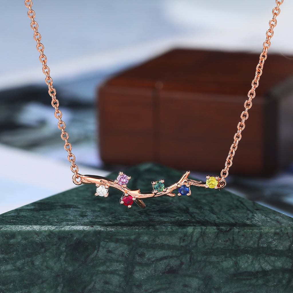 Cluster Moissanite Ruby Sapphire Pink Sapphire  Green Sapphire Yellow Sapphire limb rose gold Necklace for women