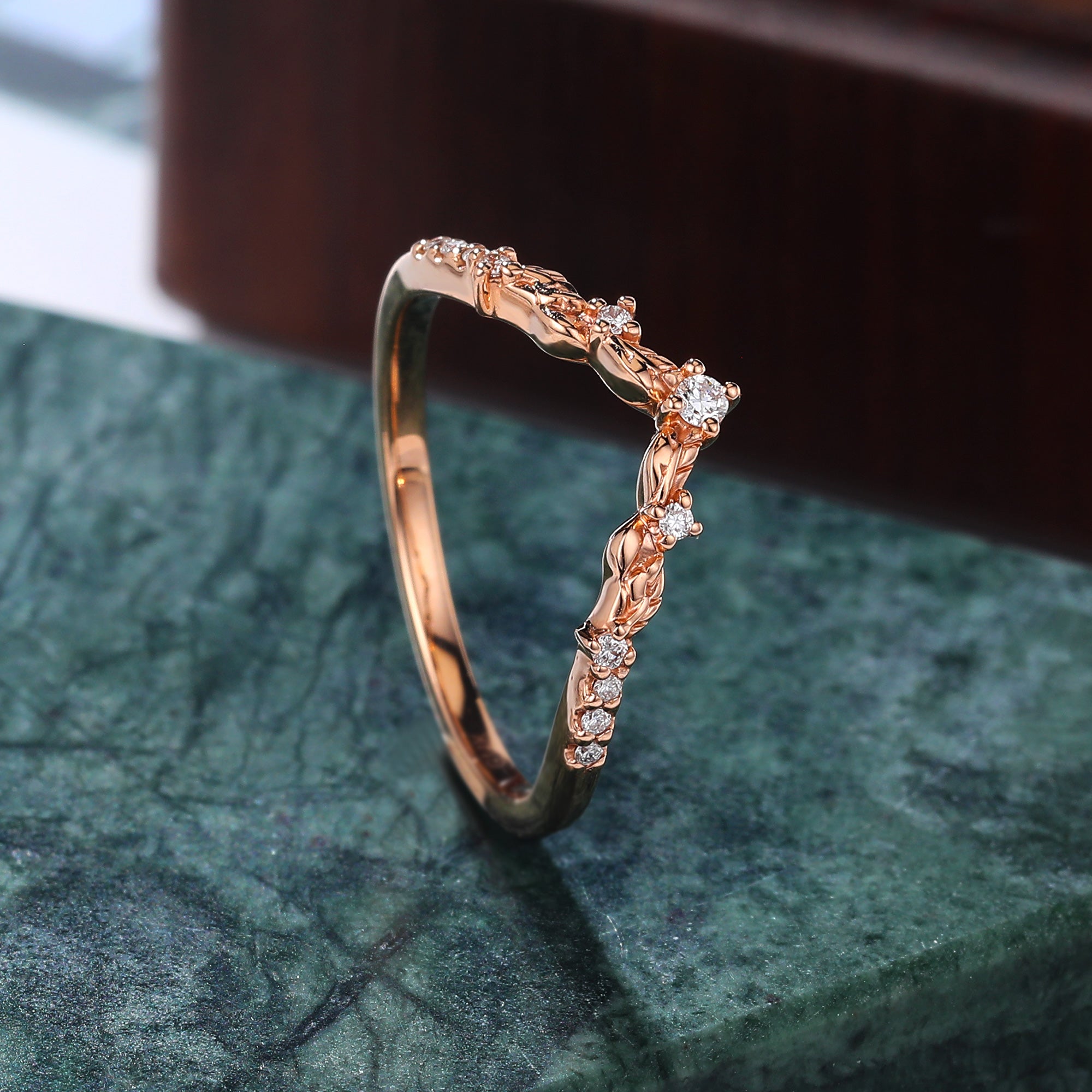 Art deco Diamond wedding band vintage rose gold ring unique  prong set anniversary promise bridal ring