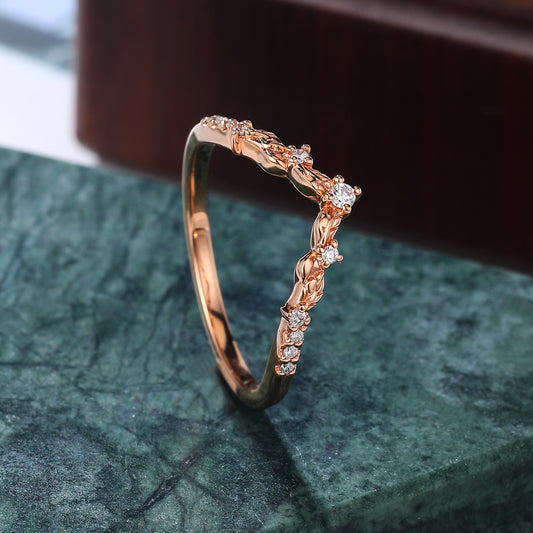 Art deco moissanite wedding band vintage rose gold ring unique  prong set anniversary promise bridal ring
