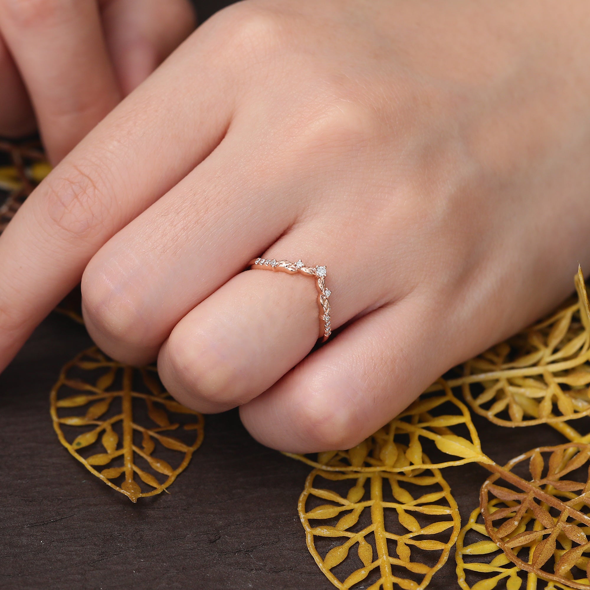 Art deco Diamond wedding band vintage rose gold ring unique  prong set anniversary promise bridal ring