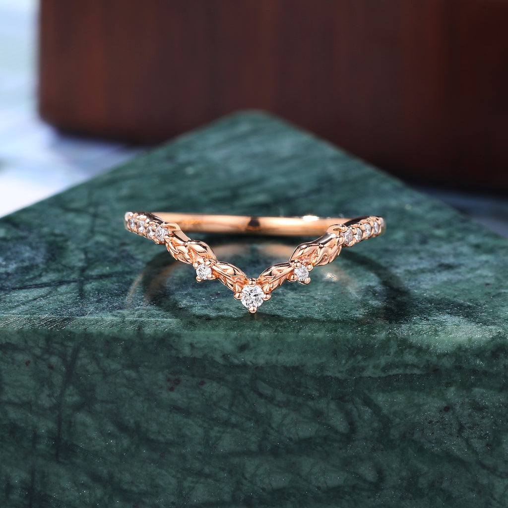 Art deco Diamond wedding band vintage rose gold ring unique  prong set anniversary promise bridal ring