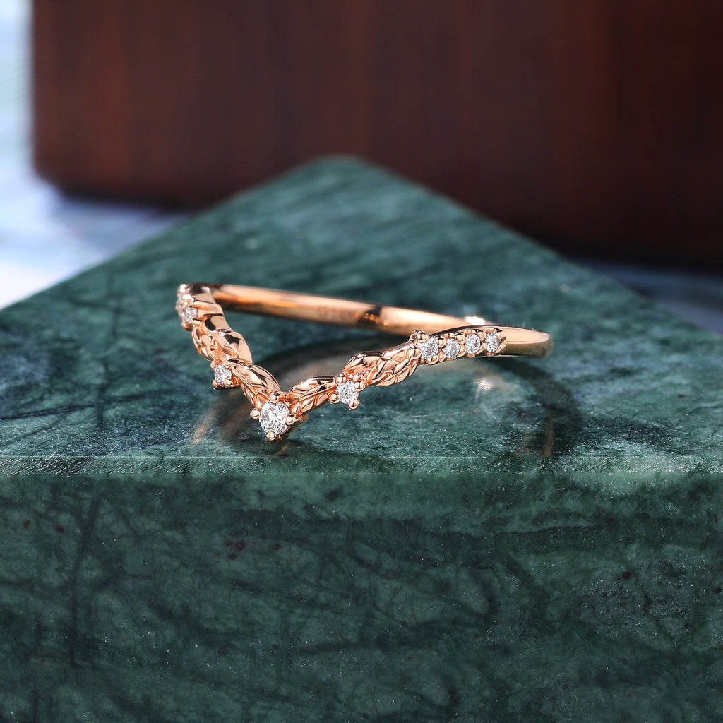 Art deco Diamond wedding band vintage rose gold ring unique  prong set anniversary promise bridal ring